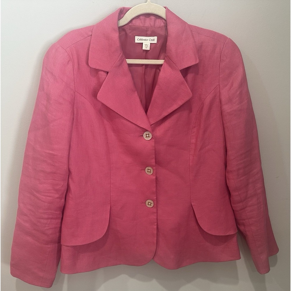 Coldwater Creek Womens Pink 100% Linen 3-Button Blazer Jacket Size 12 Preppy